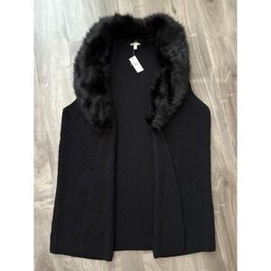 NWT Talbots Black 100% Cotton Faux Fur Collar Sweater Vest Cardigan M MSRP $99.5